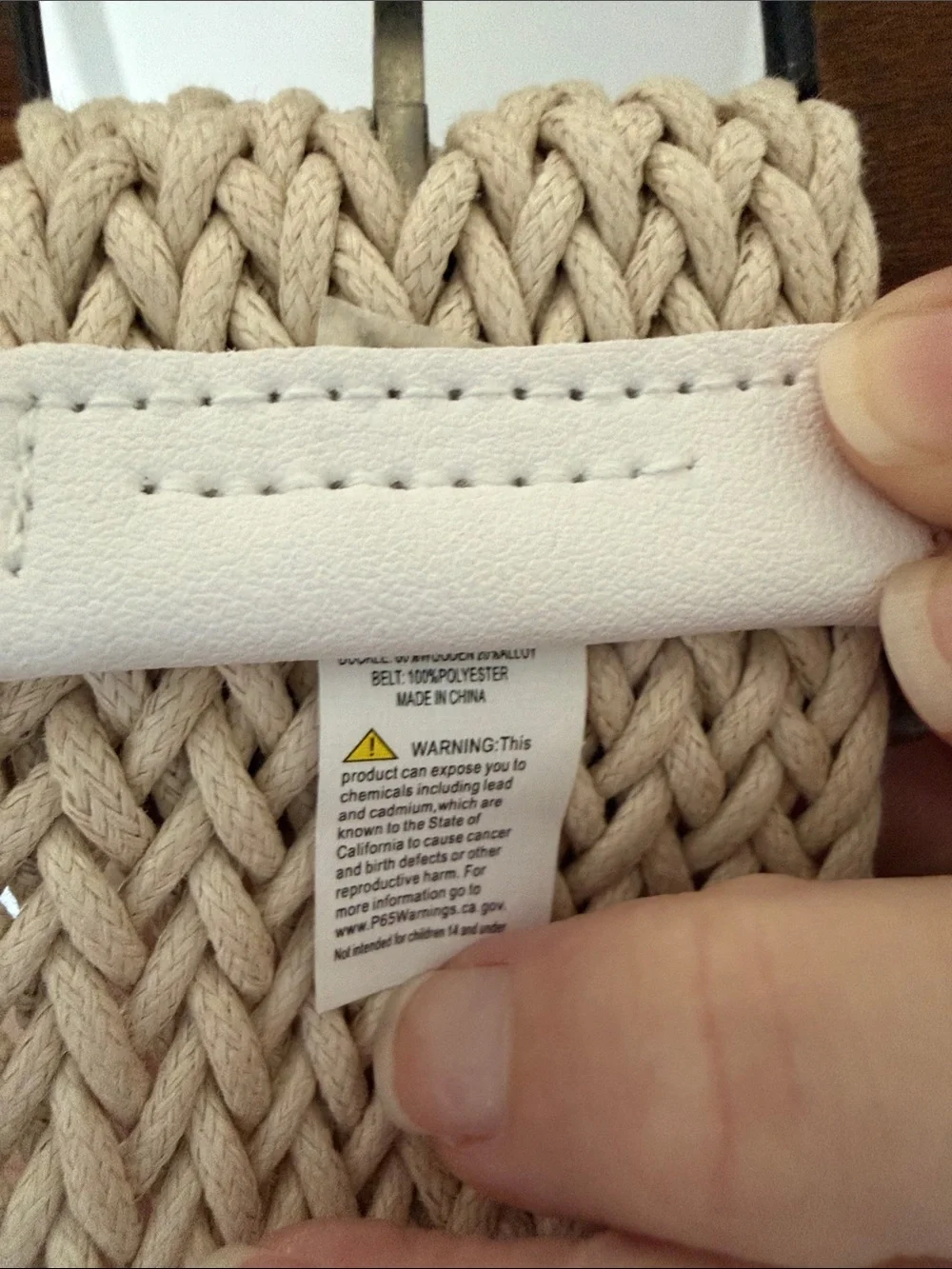Braided Beige Cotton Belt with Wooden Square Buckle